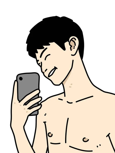 Young Man Using Tablet Smart Phone Cartoon Illustration — Stock Photo, Image