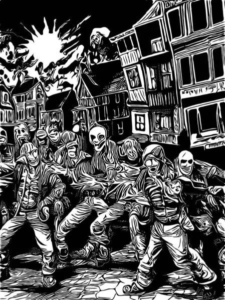 Noir Blanc Zombies Dessin Animé Ville — Photo