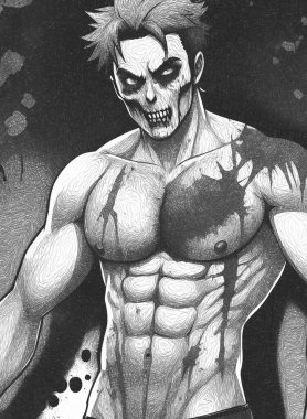 Zombi canavar çizgi filminden siyah beyaz