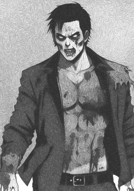 Zombi canavar çizgi filminden siyah beyaz