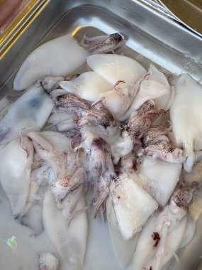 Pazarda taze deniz ürünleri, tepside taze mürekkep balığı.. 