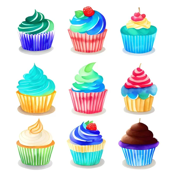 Ensemble Cupcakes Avec Différentes Couleurs Illustration — Photo