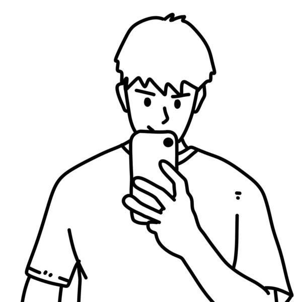 携帯電話とコーヒーマグカップのイラストの男 — ストック写真