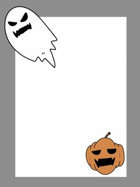 Gri çerçeveli arkaplanda hayalet ve balkabağı çizgi filmi