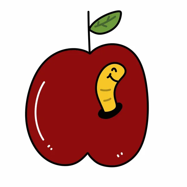 Roztomilý Červ Červené Jablko Karikatury — Stock fotografie