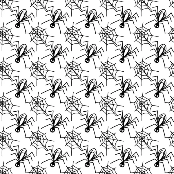 白い背景に黒いクモとクモの巣のシームレスなパターン — ストック写真