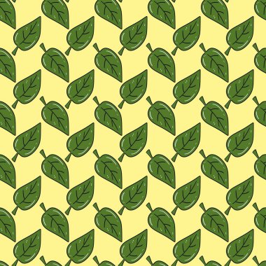 Yeşil yapraklı kusursuz desen. Sarı arkaplanda resimler 