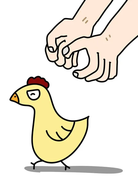 Χέρι Και Κοτόπουλο Κινουμένων Σχεδίων Λευκό Φόντο — Φωτογραφία Αρχείου