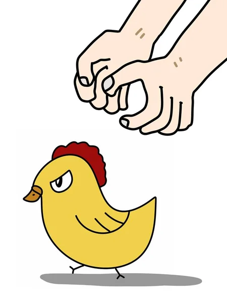 Χέρι Και Κοτόπουλο Κινουμένων Σχεδίων Λευκό Φόντο — Φωτογραφία Αρχείου