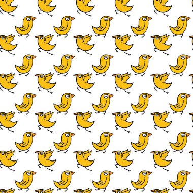 Elle çizilmiş sarı kuş çizgi filmiyle kusursuz desen.