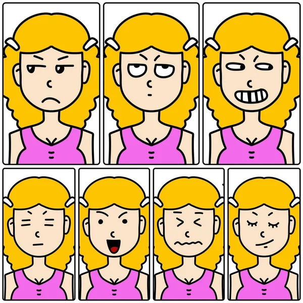 set of cartoon female faces with emotions