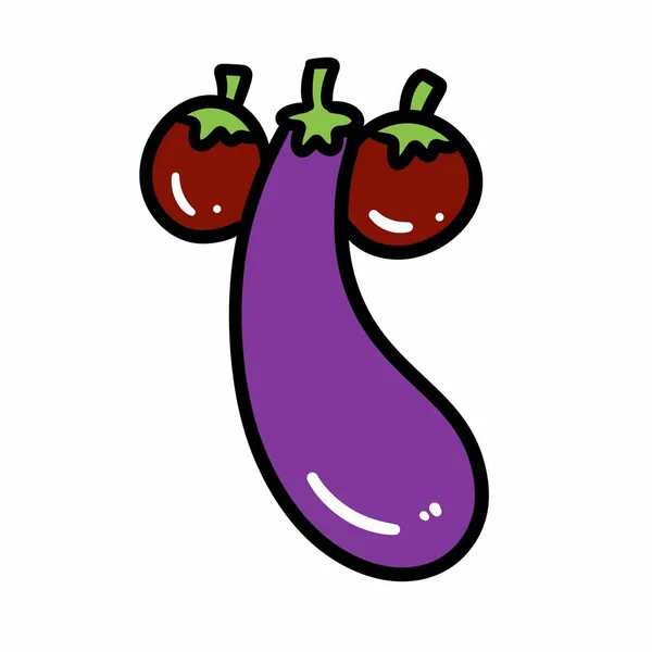 Cartoon Doodle Eggplant Tomato Isolated White Background — Stock Photo, Image