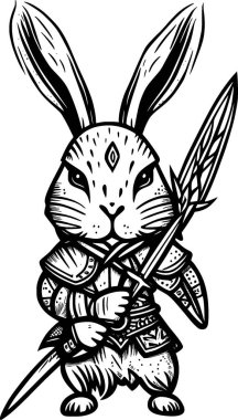 Siyah beyaz tavşan ve kılıç karikatürü, illüstrasyon.