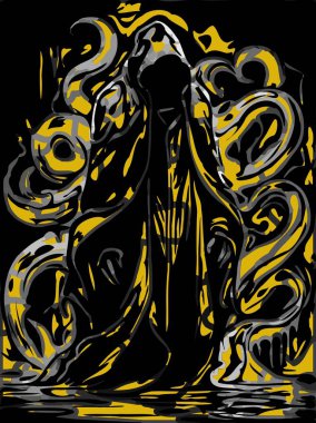 Şeytani canavar çizgi filminin arka planında siyah ve sarı