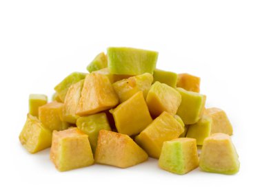 cut of pieces of chopped zucchini on white background