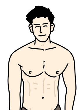 Sırtında siyah çizgiler olan beyaz şortlu çizgi film adamı.