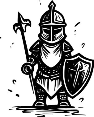 Kalkan ve mızrak tutan zırhlı bir şövalye.