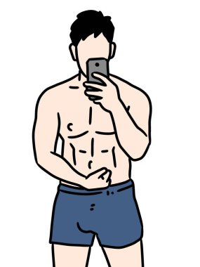 Çizgi filmci beyaz arka planda selfie çekiyor.