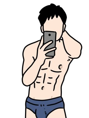 Çizgi filmci beyaz arka planda selfie çekiyor.
