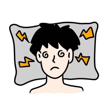 Yastıklı hasta bir adamın karikatür çizimi.