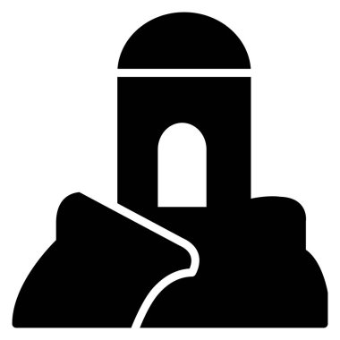 Basit siyah simge, mimari tasarım, grafik veya eğitim amaçlı ideal beyaz arkaplan üzerindeki kubbeli ve kemerli pencereli yapıyı temsil eder..