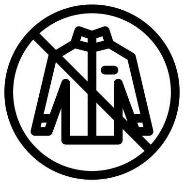 Basit siyah simge çizilmiş bir daire içinde bir ceket tasvir eder, kıyafet kısıtlamasını sembolize eder ve bilgilendirme grafikleri ve tabelalar için mükemmel bir mesaj oluşturur..
