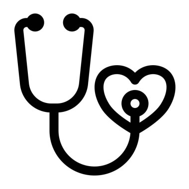 Kalp şekli oluşturan bir steteskobun siyah ve beyaz çizimi, sağlık ve sağlık hizmetleri ve tasarımları için kullanılan tıbbi bir kontrol aracı.