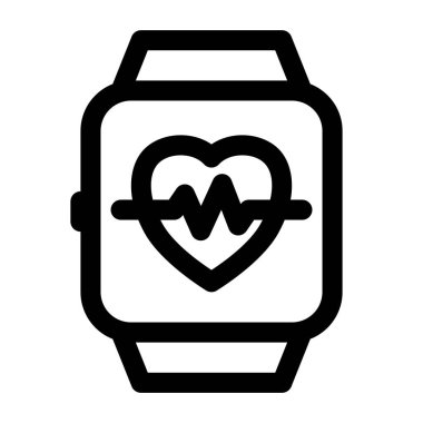 Siyah smartwatch simgesi, sağlık tasarım ve uygulamaları için ideal uygunluğu ve sağlığını gösteren bir kalp atış hızı grafiği gösterir.