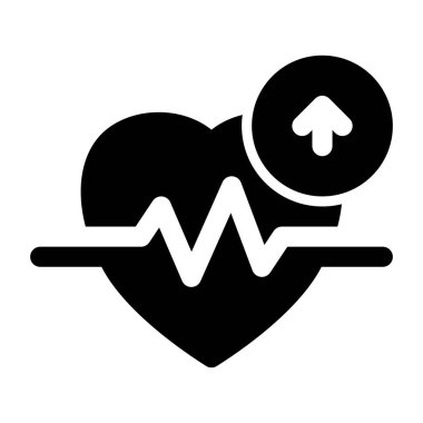 Nabız çizgisi ve yukarı doğru ok ile stilize edilmiş kalp ikonu tıbbi tasarımlar ve sağlıkla ilgili içerikte kullanılacak sağlık gelişimini veya olumlu ilerlemeyi sembolize eder.