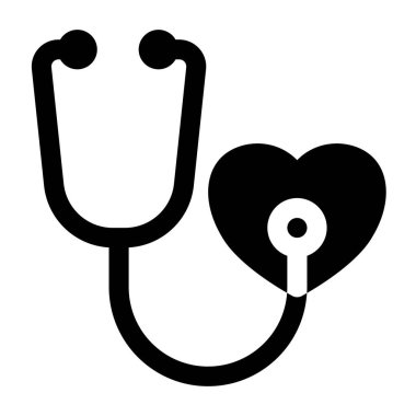 Siyah steteskop, sağlık izleme ve tıbbi kontrolleri temsil eden beyaz bir arkaplanda kalp şeklini kontrol eder. Bu basit grafiği sağlık hizmetleri tasarımları ve bilgi materyallerinde kullanın..