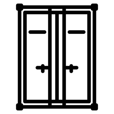 Mimari ya da tasarım kavramları için temiz ve basit bir illüstrasyon sağlayan, beyaz arka plan merkezli, minimal siyah çizgili çift kapılı tasarım duruyor..