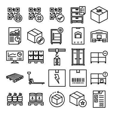 Depo ve lojistik ilgili simgelerin toplanması, iş için depolama, ulaşım ve yönetim.