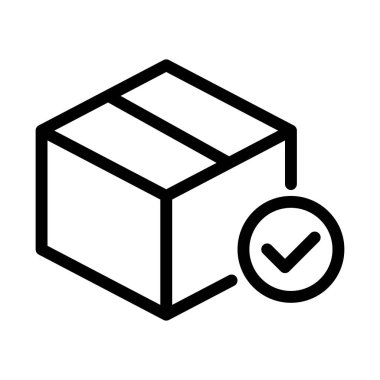 Minimalist siyah taslak, çeşitli dağıtım ve onaylama uygulamaları için uygun temiz ve modern bir tasarım oluşturan işaretli sembolle birlikte bir paket kutusu simgesini betimler.