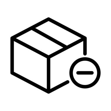 Eksi işaretli grafik kutusu simgesi, web sitesi tasarımı veya UI ögeleri için kullanılacak beyaz arkaplan üzerinde temiz çizgiler oluşturulmuş bir kaldırma veya silme eylemini gösterir.