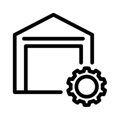 Web siteleri veya teknik çizimler için uygun, parlak beyaz bir arkaplan karşısında vites simgesi ve otomasyonu olan bir garajı gösteren basit bir siyah taslak simgesi.