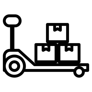 Kara çizgi sanatı, istiflenmiş kutuları taşıyan, bir depolama, teslimat ve lojistik veya nakliye hizmeti terfileri için uygun organize yer değiştirme duygusu taşıyan bir yük arabasını tasvir eder..