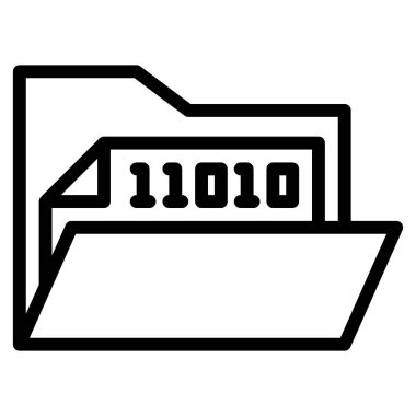 Bilgi depolama ve bilgisayarla ilgili temalar için uygun dijital bilgi ve veri depolama ile basit bir siyah ana hatlı tasvir edilmiş, gösterilen ikili kodlu bir belgeyi içeren dizini aç.