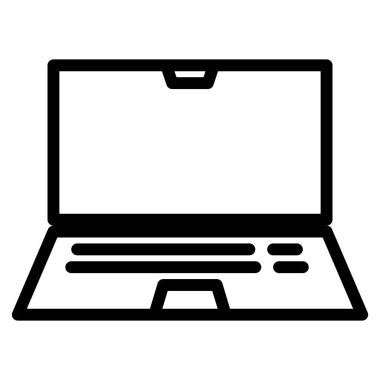Grafik tasarım projeleri ve web sitesi çizimleri için teknolojiyi ve dijital iletişimi ileten, beyaz zemin üzerinde minimalist bir simge olarak sunulan bir dizüstü bilgisayarın basitleştirilmiş siyah taslağı.
