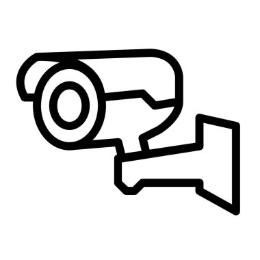 Minimalist bir siyah-beyaz güvenlik kamerası ikonu, beyaz arka plana karşı net ve cesur bir özet içeriyor, güvenlik hizmeti reklamlarında ticari kullanım için ihtiyatı ve güvenliği temsil ediyor.