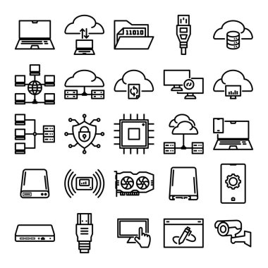 Bilgisayarlar, sunucular ve bulut bağlantılarının yer aldığı çeşitli teknoloji bağlantılı çizgi simgeleri dijital tasarım projeleri ve teknolojiyle ilgili içerik içeriği için temiz, modern bir estetik ideal yaratmaktadır..