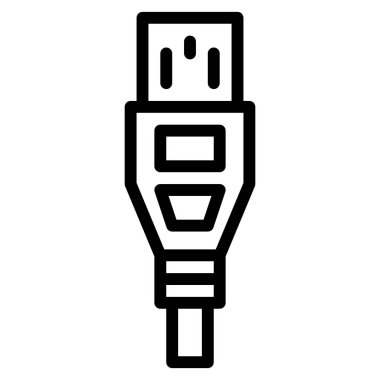 İzole edilmiş siyah usb konnektörü, sade beyaz bir arkaplan üzerinde basit çizgi sanatına dayanır, teknolojik ve bilgilendirici amaçlar için temiz ve modern bir his taşır..