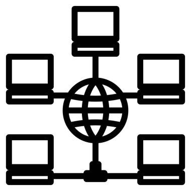 Siyah ve beyaz simgesi, teknoloji ve ağ kavramları için uygun modern ve minimalist bir tasarımı ileten, beş bilgisayar terminalini birbirine bağlayan küresel bir ağ gösteriyor.