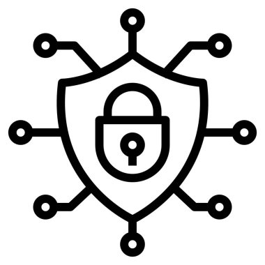 Noktalar ve çizgilerle çevrili kalkandaki asma kilit dijital bir simge olarak veri korumasını temsil ediyor.