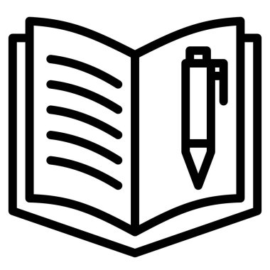 Kalemle birlikte açık bir defter beyaz arka planda siyah olarak özetlenerek eğitici ve organizasyonel tasarımlar için minimalist, temiz bir estetik sunulmaktadır..