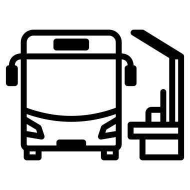 Kalın siyah çizgi sanatı modern bir otobüsün otobüs durağında durduğunu tasvir ediyor. Bu da toplu taşımacılık, seyahat ve uygulama tasarımı için ideal şehir planlaması öneriyor..