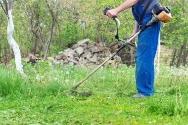 Bahçıvan bahar bahçesinde bir budama makinesiyle çimleri biçer.
