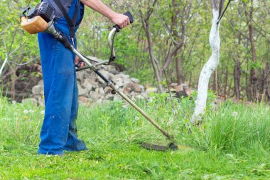 Bahçıvan bahar bahçesinde bir budama makinesiyle çimleri biçer.