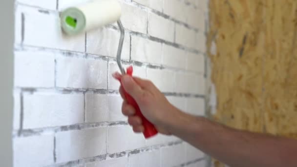 Travailleur Peint Mur Briques Avec Peinture Blanche Aide Rouleau Peinture — Video