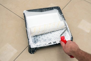 Bir ressamın eli, beyaz boyalı plastik bir tepsiye silindir indirir..