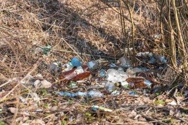 Illegal garbage dump in nature. Dirty garbage polluting the environment.